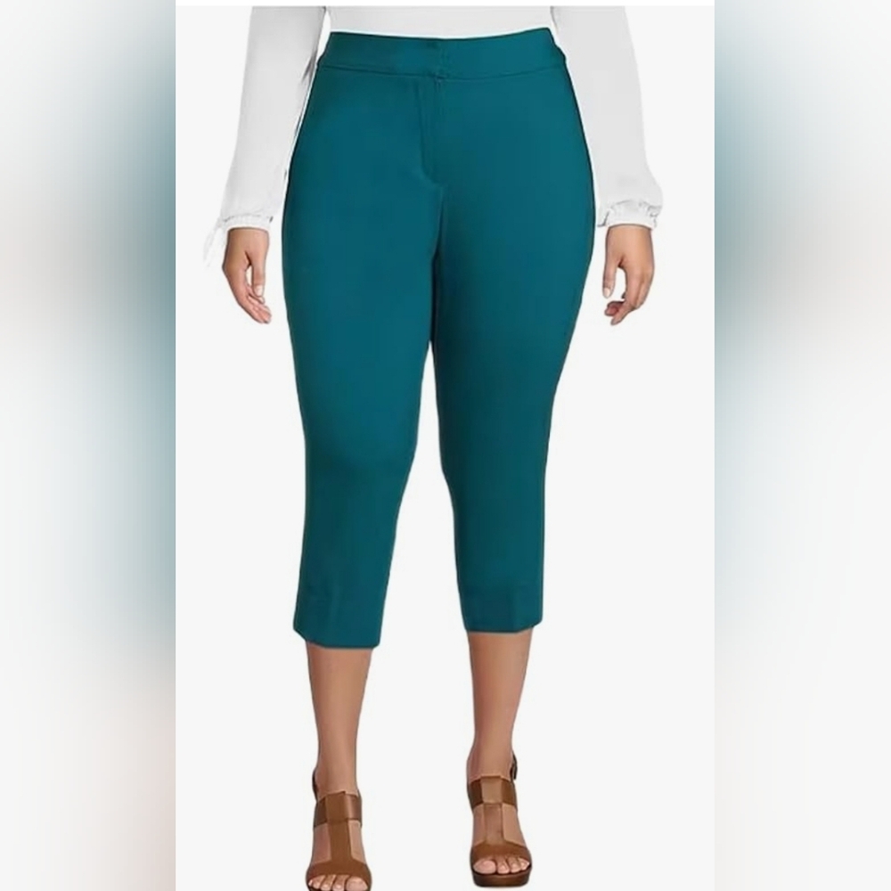 Michael Kors Plus Lux Tech Woven Stretch Straight Leg Slit Hem Capri Teal